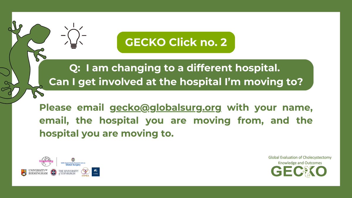 gecko_study's tweet photo. There are so many ways you can get involved in the GECKO study 🦎

Don’t miss the chance to be a part of this global cohort on #cholecystectomy 👀 https://t.co/kKfwZWUvt4