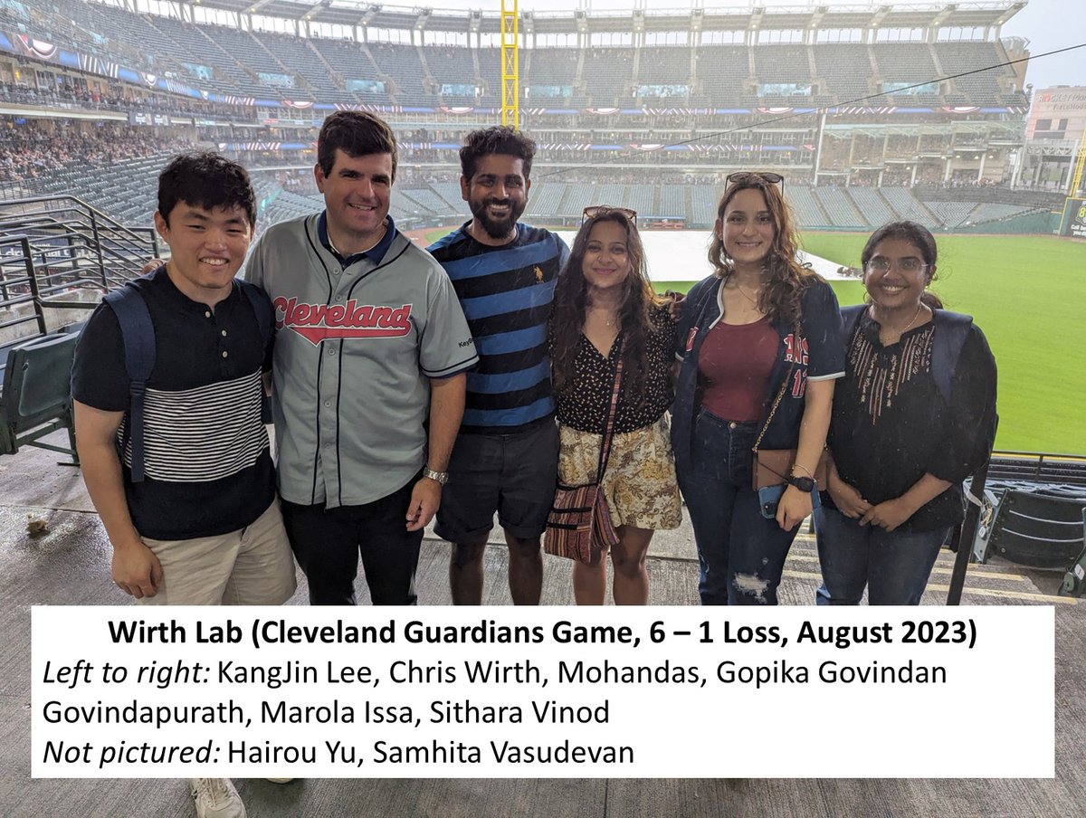 wirthlab's tweet image. Yesterday was our annual @CleGuardians game - We lost and the game was a rainout, but our spirits remained high!

The loss ends a 5 game win streak and bumps our win% to 72%, but overall @CleGuardians have out-scored opponents 33 - 19 at @wirthlab games since 2016. #ColloidsRCool