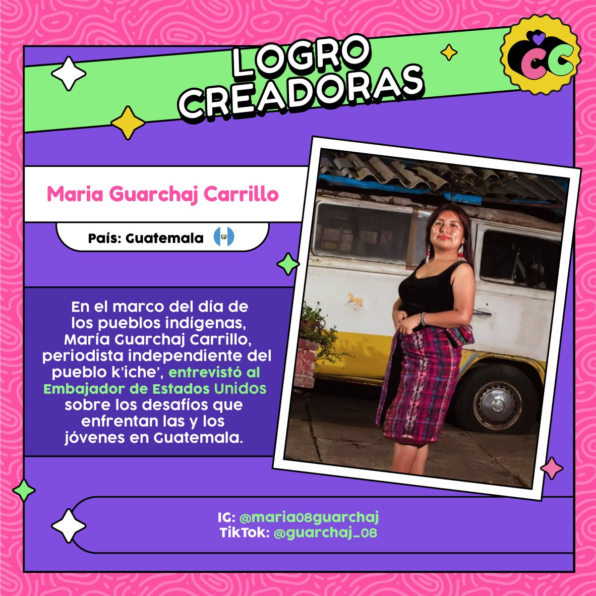 creadorascamp's tweet photo. ¡Felicidades María! 🥳📣
Que se sigan abriendo espacios para que las personas de comunidades indígenas sean parte de las decisiones en la política ✊.
#guatemala #logrocreadoras #creadorascamp https://t.co/YCG7ZuZbM0