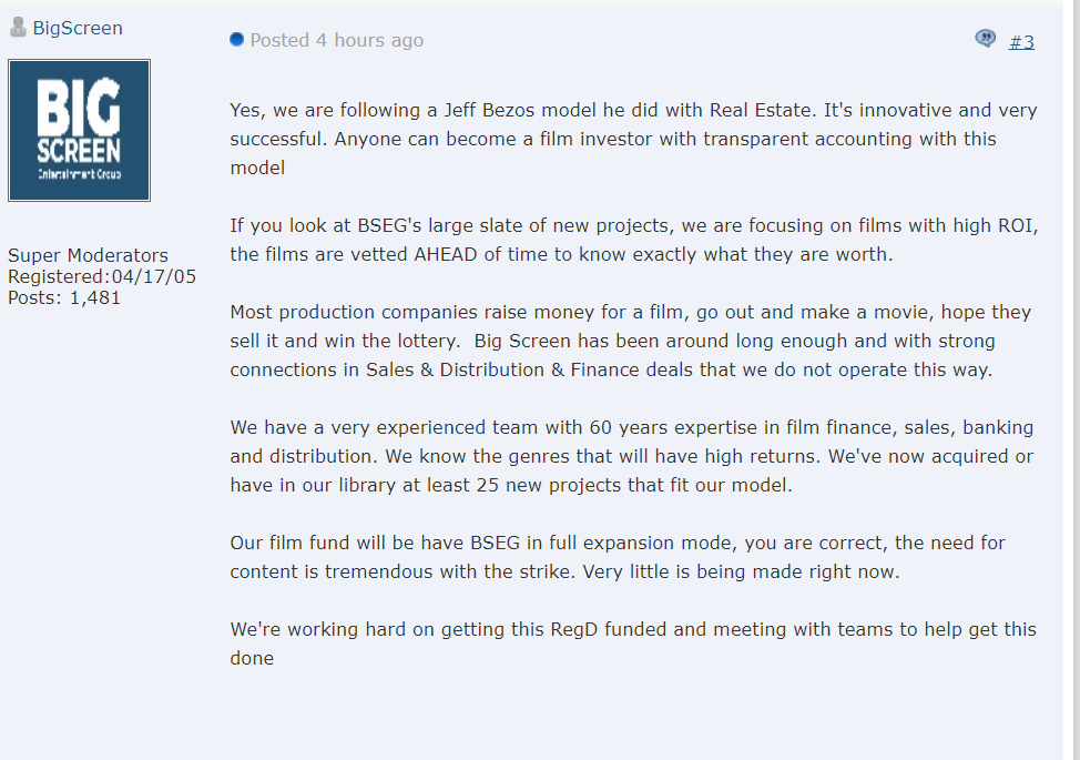 DawgTrading's tweet photo. $BSEG Management follow up reply about the Film Funding/Crowdfunding Platform they are developing.

Good stuff going on! https://t.co/Gy7c7YvUTR