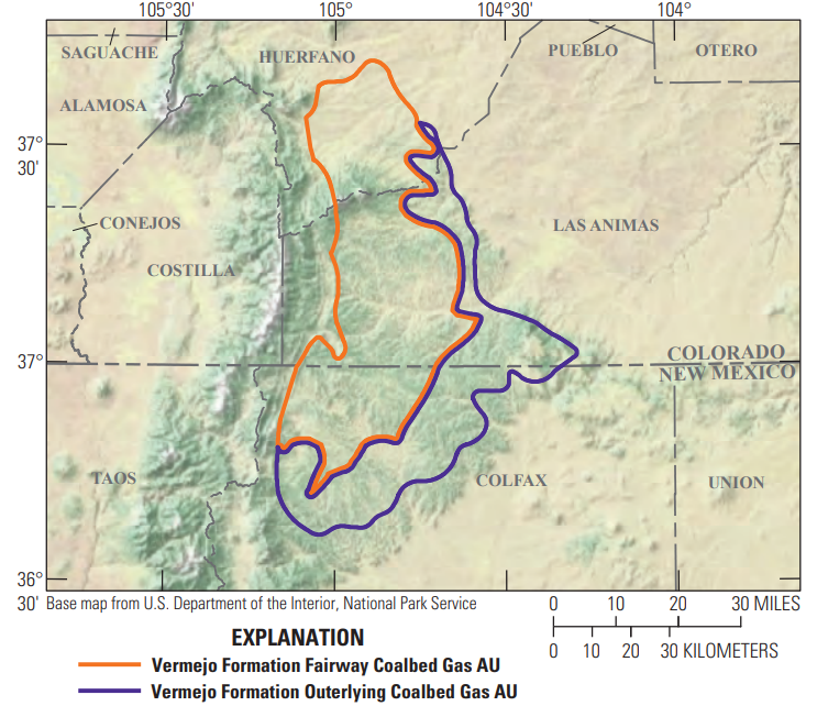usgsenergy's tweet photo. We have a new #natgas assessment! We estimate a mean of 5.2 trillion cubic feet of coalbed #naturalgas in the Vermejo Formation and Raton Formation northeast of Santa Fe in New Mexico: https://t.co/35zjvfs958 #energy #geology #petroleum https://t.co/xP9rZGMVlx