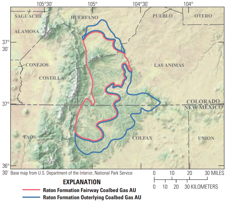 usgsenergy's tweet photo. We have a new #natgas assessment! We estimate a mean of 5.2 trillion cubic feet of coalbed #naturalgas in the Vermejo Formation and Raton Formation northeast of Santa Fe in New Mexico: https://t.co/35zjvfs958 #energy #geology #petroleum https://t.co/xP9rZGMVlx