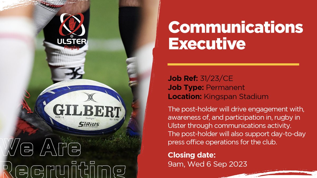UlsterRugby's tweet photo. We're hiring 📰

Ulster Rugby is recruiting for a Communications Executive. 

The role will focus on the domestic game across the province 🏉

For more info, and to apply ⤵️
https://t.co/4P4JR9mro7 https://t.co/qogBAWVTYW