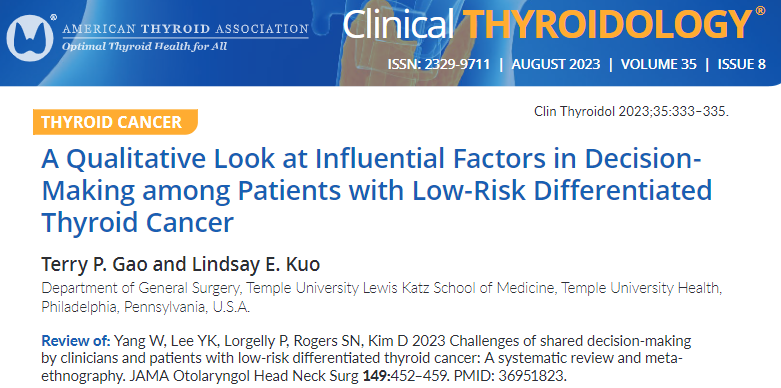Clinical Thyroidology (@clinicalthyroid) on Twitter photo What influences the decisions made upon the diagnosis of a low-risk #thyroid cancer? Dr <a href="/lindsaykuo/">Lindsay Kuo, MD MBA FACS</a> reviews this recent <a href="/JAMAOto/">JAMA Otolaryngology – Head & Neck Surgery</a> study.
ow.ly/rEJw50PC8bU
#AmericanThyroidAssociation #ClinicalThyroidology #endotwitter What influences the decisions made upon the diagnosis of a low-risk #thyroid cancer? Dr <a href="/lindsaykuo/">Lindsay Kuo, MD MBA FACS</a> reviews this recent <a href="/JAMAOto/">JAMA Otolaryngology – Head & Neck Surgery</a> study.
ow.ly/rEJw50PC8bU
#AmericanThyroidAssociation #ClinicalThyroidology #endotwitter