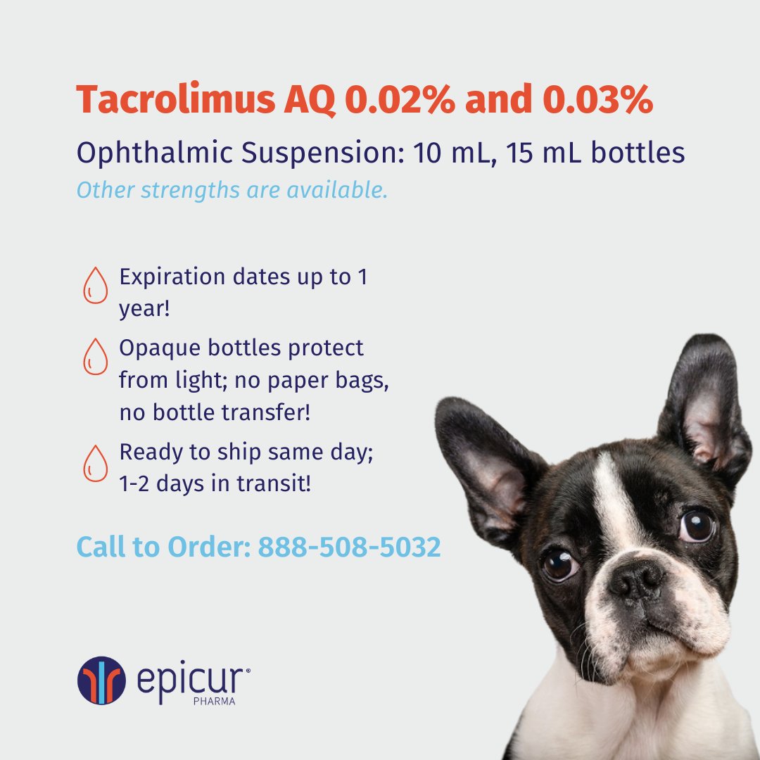 EpicurP's tweet photo. Looking for 503B manufactured Tacrolimus AQ? We are stocked and ready to ship to you with only 1-2 days in transit! Order from Epicur: 888-508-5032

#vetmed #503B #veterinarypractice https://t.co/a1e4X2eCYe