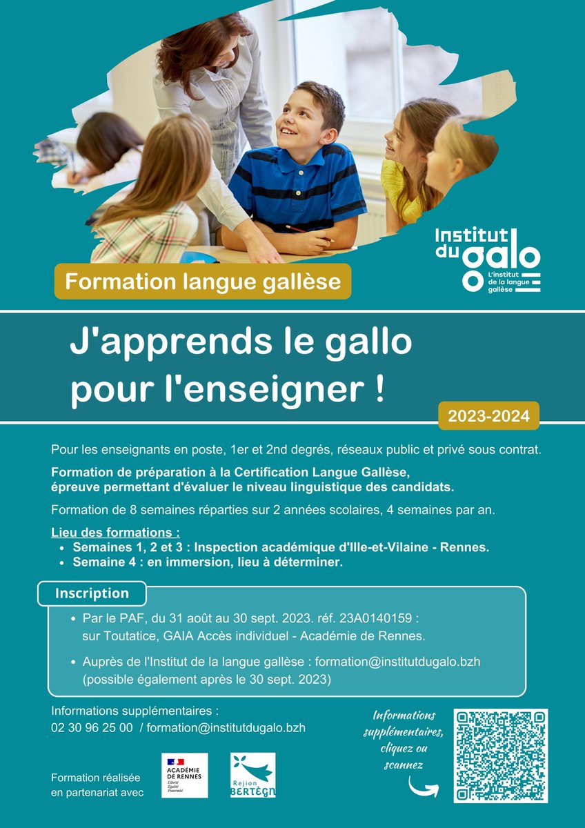 Pour les enseignants en poste en Bretagne : les inscriptions de la formation "J'apprends le gallo pour l'enseigner !" sont ouvertes!
📷 formation@institutdugalo.bzh
📷 via le PAF de l'Académie de Rennes
Passez l'info à l'école de vos enfants et aux enseignants de votre entourage!