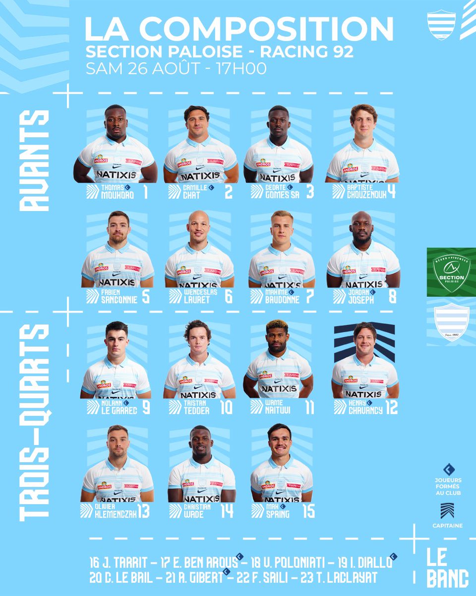 LesCompos's tweet image. Les compos pour @SectionPaloise - @racing92 !

⏱️Samedi, 17h00

🏟️Stade du Hameau, Pau

#SPR92 #Top14