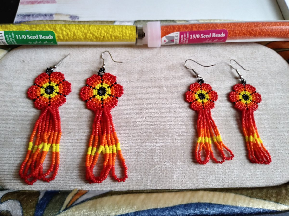 land_fisher's tweet photo. Was feeling sick so took me a week to finish making these #huichol inspired #earrings in 11/0 and 15/0 #seedbeads 😊
#stuffimake #beadartist #indigenousarts https://t.co/ORu64cdszS