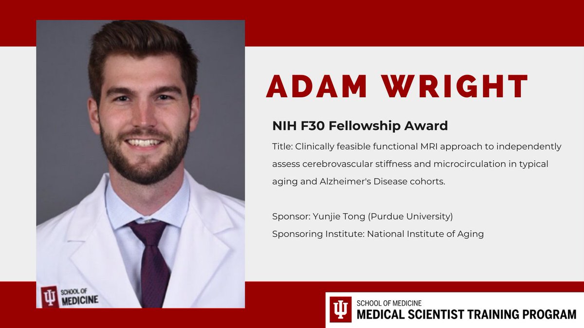 We proudly announce that Adam Wright (MSTP GS2, BME) received a prestigious NIH National Institute of Aging F30 fellowship award. Congratulations, Adam!

#mdphd #mstp #IUMSTP #PurdueBME #alzheimers