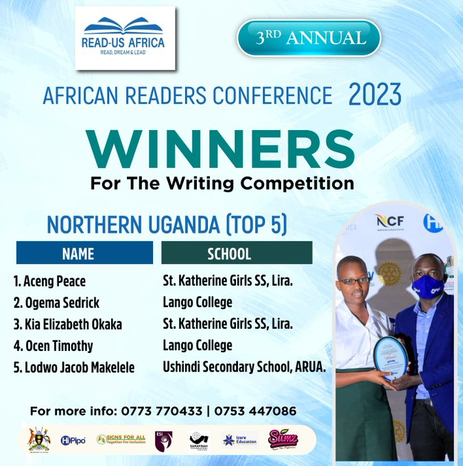 ugpoets's tweet photo. From Northern Uganda, the winners of the #ARC23 Writing competition are: 

♾ Aceng Peace
♾ Ogema Sedrick
♾ Kia Elizabeth Okaka
♾ Ocen Timothy
♾ Lodwo Jacob Makelele

Congratulation 🎊

Cc: @ReadUsAfrica1 | @hipipo | @AgathaAkullu | @ankwasa_harlord https://t.co/FxWx5WZHo2