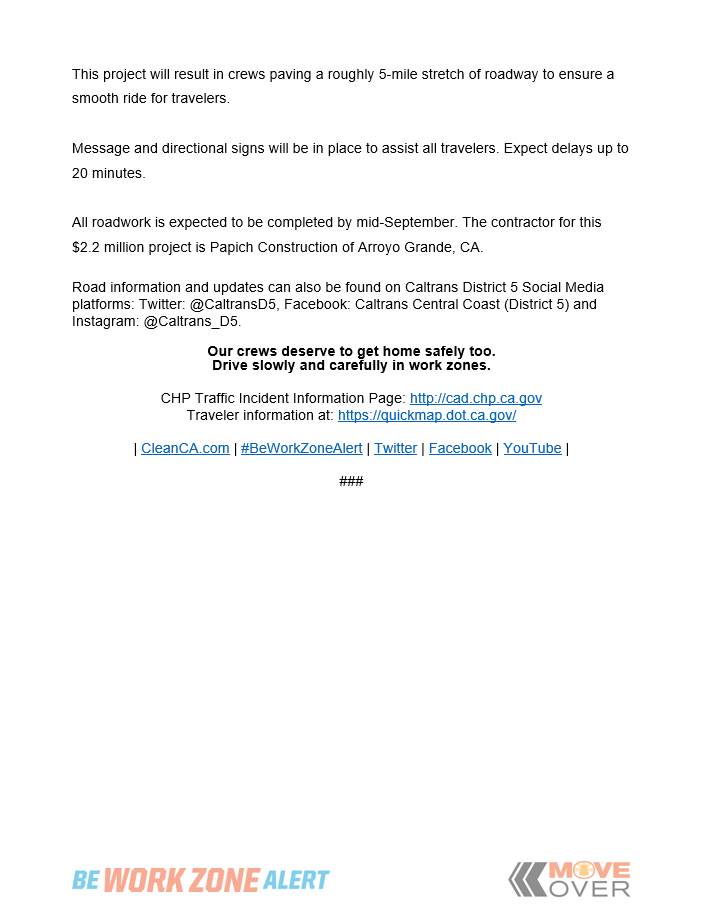 UPDATE: Full closure of #Hwy41 near #Cholame "Wye" continues next week for paving project. #SanLuisObispoCounty