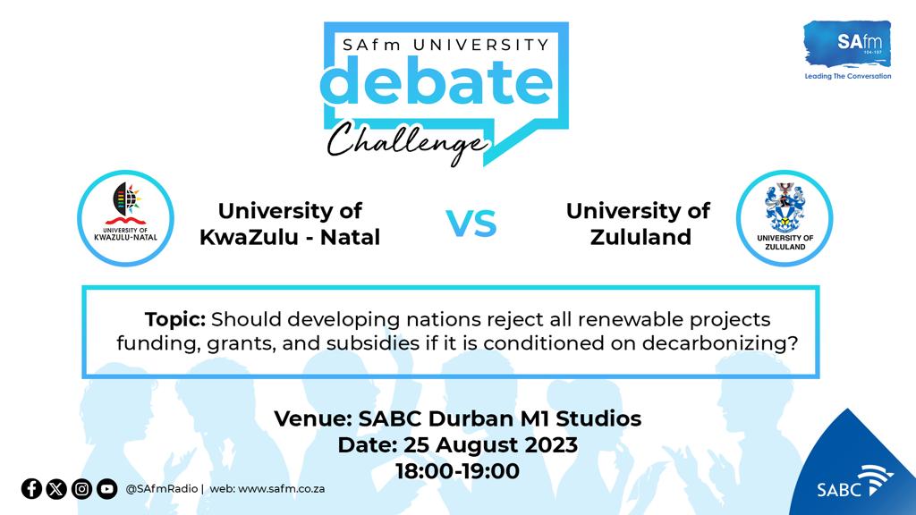 SAfmRadio's tweet photo. Time for a special installment on #SAfmThisWeekToday with your host @Oliver_Speaking coming live from the SABC Durban M1 Stuios.

We are hosting a #DebateChallenge between @UKZN and @UNIZULUongoye 

Feel Free to engage throughout the show.
#sabcnews https://t.co/7vs93zFfBm