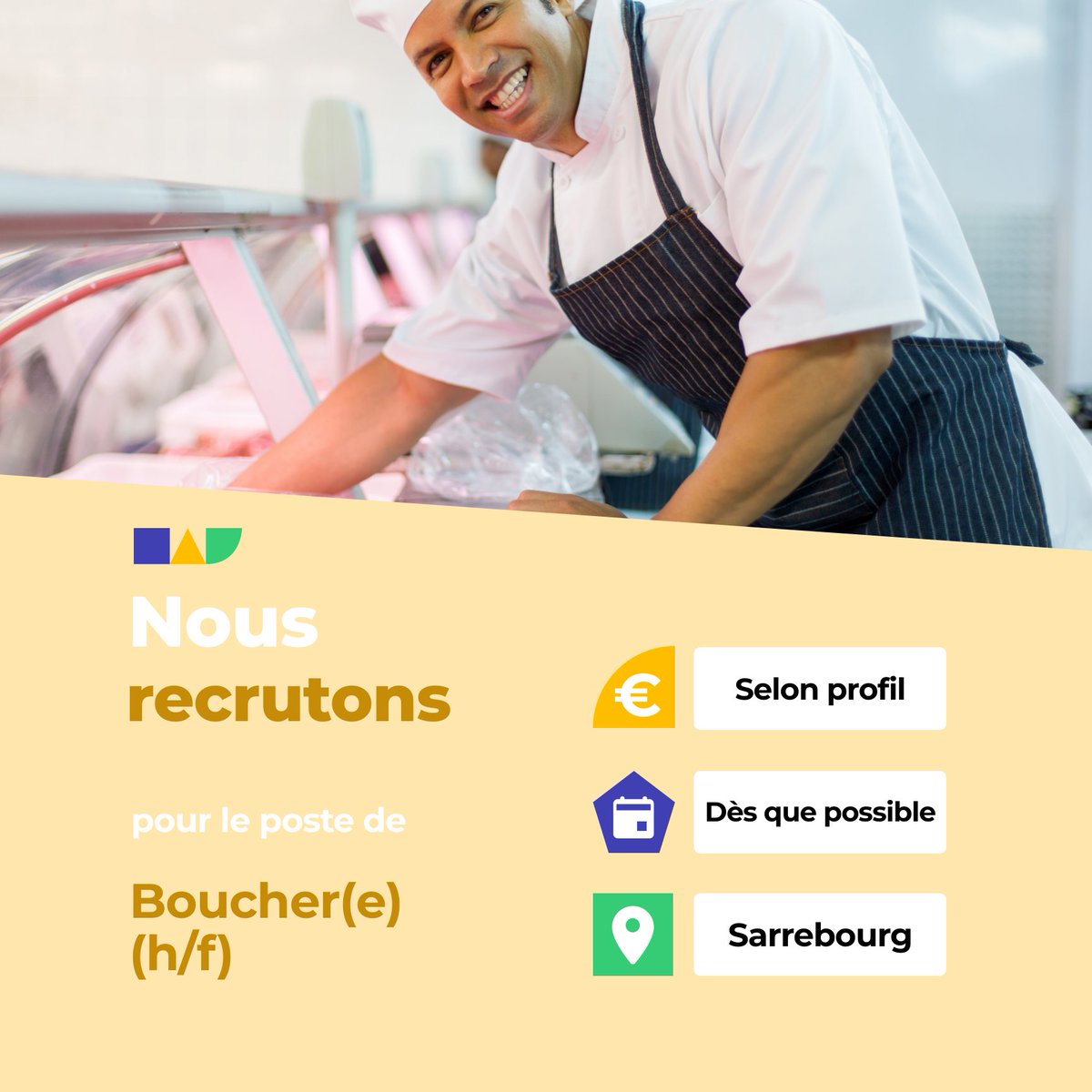 🛎️ Nouvelle offre d'emploi : Boucher(e) (h/f) 🌎 Sarrebourg (57400) 📅 Démarrage dans les 7 prochains jours 👉 Plus d'infos : jobs.iziwork.com/fr/offre-emplo… #recrutement #intérim #emploi #OffreEmploi #job #iziwork
