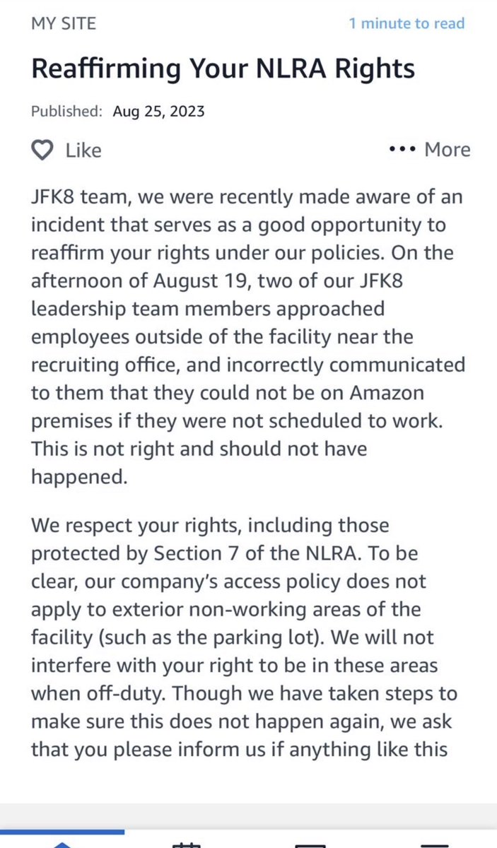 Another W for @amazonlabor today @amazon issued an apology for trying to remove 2 of our members off property during our event this past Saturday. Unfortunately for them they didn’t realize we won a huge judgement about violating these same rights.Sent to all 8K organizing works!