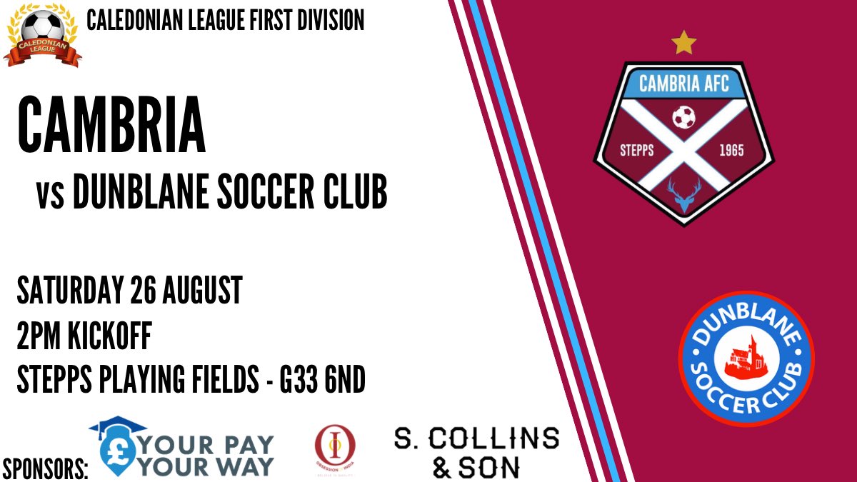 #FixtureFriday

🆚 <a href="/DSCAmateurs/">Dunblane Soccer Club Amateurs</a>
🏆 <a href="/CaledonianAFA/">CaledonianLeague</a> 1st Division
📅 Sat 26 August
⏰ 2pm
🏟 Stepps Playing Fields - G33 6ND

#MTFC 🇱🇻