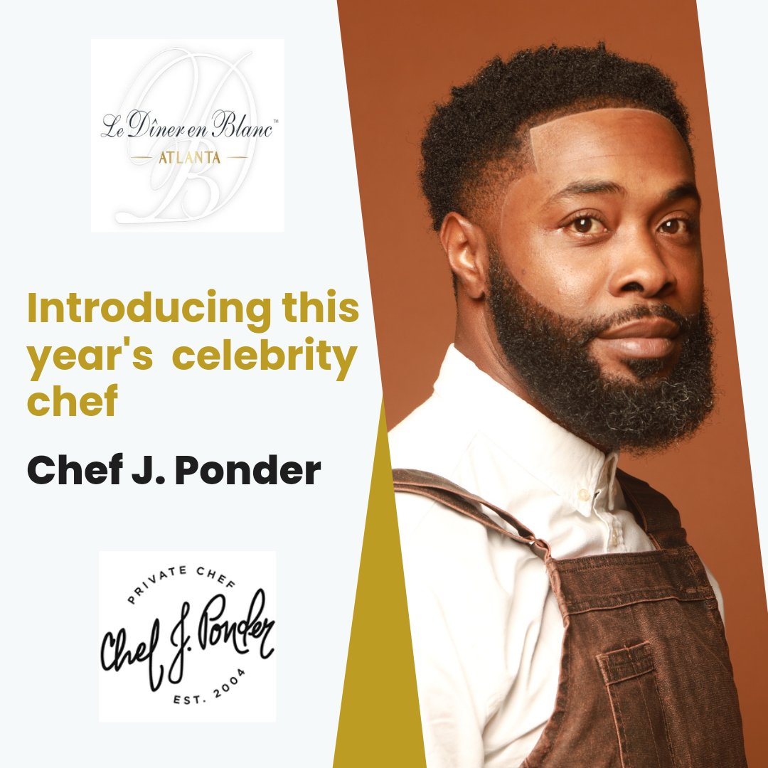DinerEnBlancATL's tweet photo. We're excited to announce that Chef J. Ponder is this year's chef &amp; caterer. Winner of Cutthroat Kitchen &amp; finalist on Chopped, he is sharing his gourmet culinary vision to create a memorable Dîner en Blanc dining experience.

#dinerenblanc #dinerenblancatlanta #debatlanta2023 https://t.co/9GxmSdibet