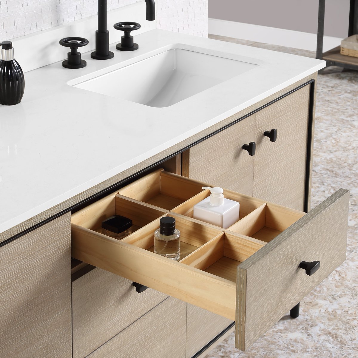 What’s better than a single vanity? A Double!!! Our Bravo Double Bowl Vanity is 60 inches and offers a variety of drawer/door configurations. Housing space for all your necessities, this beauty is exactly what you’ve been looking for.