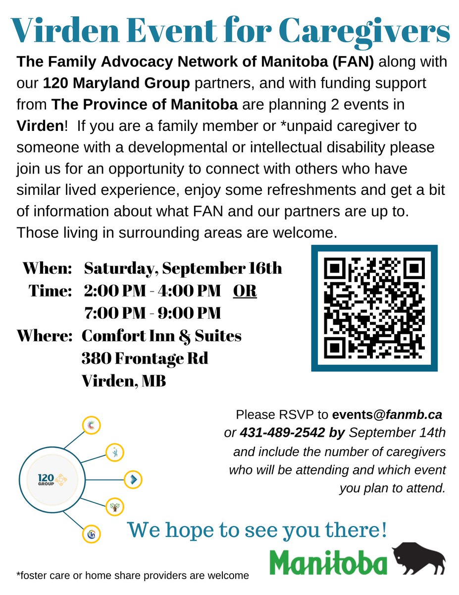 As one of the partners of the 120 Maryland Group, Continuity Care is sharing the upcoming caregiver events hosted by the Family Advocacy Network (FAN) in Virden and Russell Manitoba.
Please see posters for details.