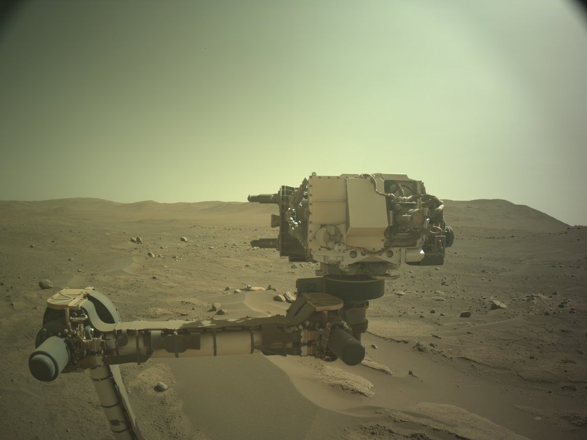 Greetings from Jezero Crater on Mars! 👋This image of my 7-foot (2.1-m) arm was captured by my left Navigation Camera. My arm lets me work as a human geologist would: by holding and using science tools with my hand.

More on how I flex my muscles: go.nasa.gov/2w3xsQl