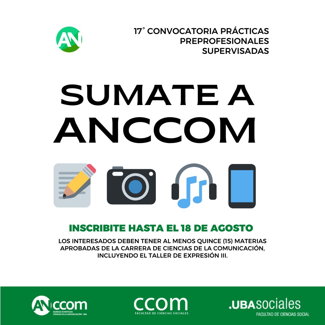 AnccomNoticias's tweet photo. 🤔¿Todavía no te anotaste en nuestras prácticas pre profesionales?
‼️ Si sos estudiante de @ccomUBA y te gustaría generar contenidos periodísticos, ¡sumate a #ANCCOM!
📆Tenés tiempo hasta hoy, inscribite acá 👉https://t.co/6DuWAydnXT https://t.co/0Qia8DtlUt