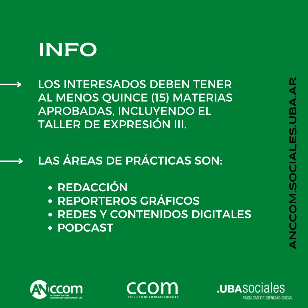 AnccomNoticias's tweet photo. 🤔¿Todavía no te anotaste en nuestras prácticas pre profesionales?
‼️ Si sos estudiante de @ccomUBA y te gustaría generar contenidos periodísticos, ¡sumate a #ANCCOM!
📆Tenés tiempo hasta hoy, inscribite acá 👉https://t.co/6DuWAydnXT https://t.co/0Qia8DtlUt