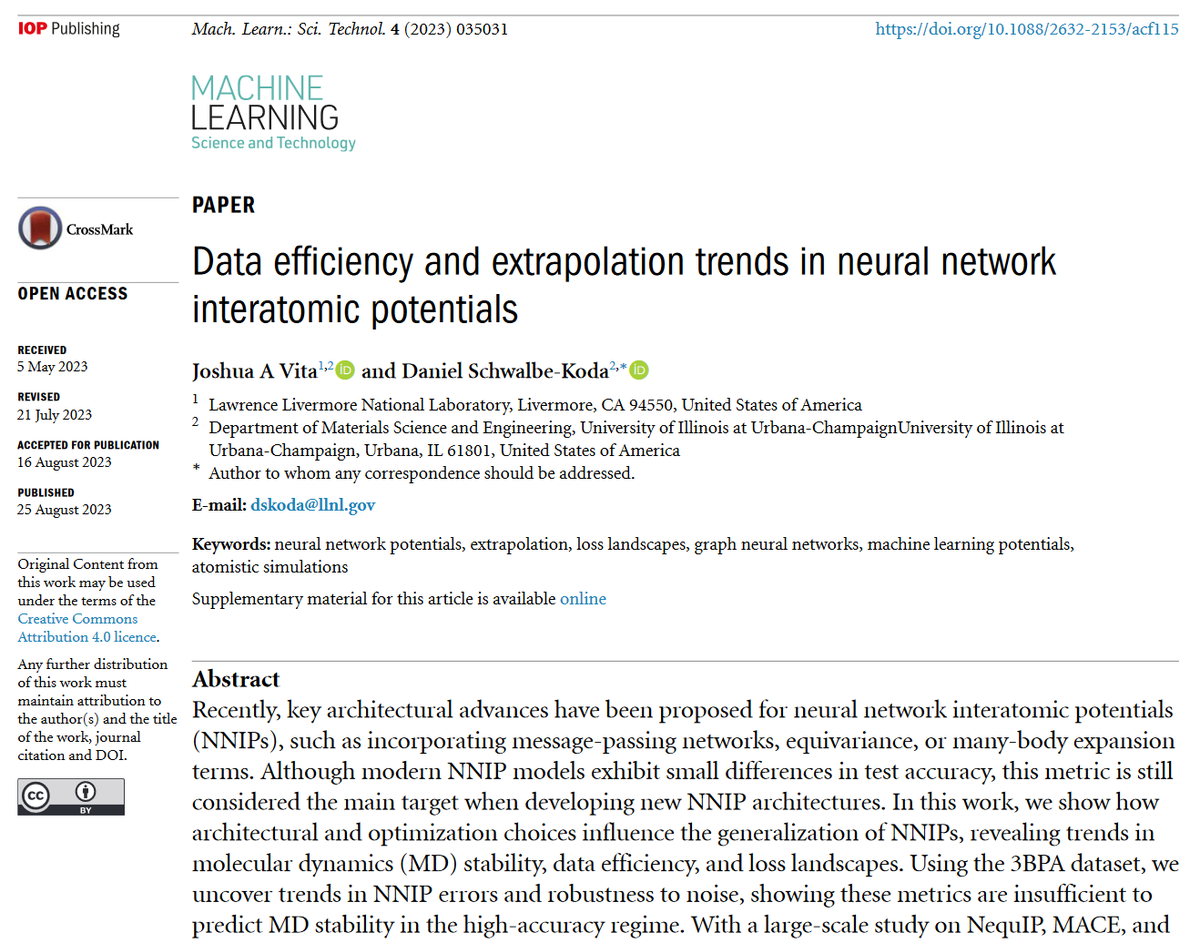 MLSTjournal's tweet photo. Great new work by Joshua A Vita and Daniel Schwalbe-Koda @Livermore_Lab @IllinoisMatSE - '#Data efficiency and extrapolation trends in #neuralnetwork #interatomic potentials' - https://t.co/cC67BcZVmi #machinelearning #compchem #materials #simulation #AI #quantum #graphs https://t.co/jxSUB7OXvg