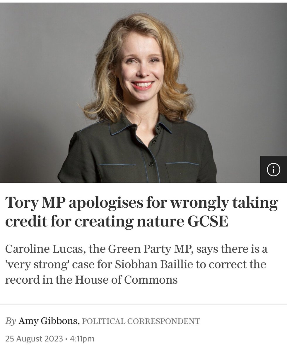 Remember Tory MP @Siobhan_Baillie who falsely accused me of being an "education snob" in parliament?
Oh the irony..she's had to apologise for wrongly taking credit for creating the Natural History GCSE.
RT 

<a href="/CarolineLucas/">Caroline Lucas</a>  <a href="/TheGreenParty/">The Green Party</a> MP who led the campaign for the new GCSE