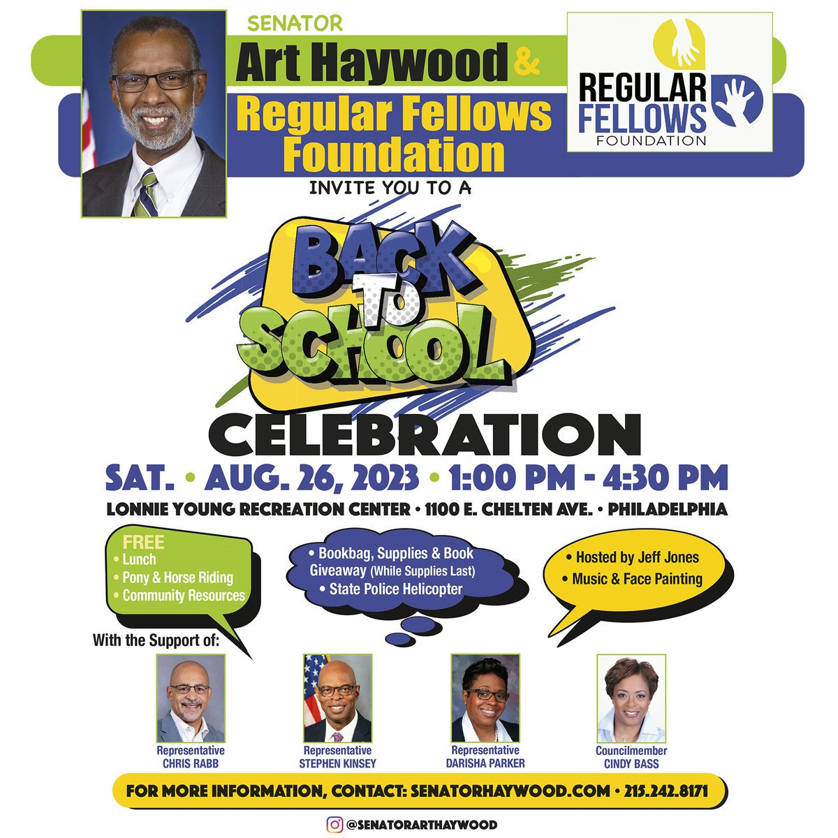 I’ve teamed up with <a href="/SenatorHaywood/">Senator Art Haywood</a>, <a href="/RepDarisha/">Rep. Darisha Parker</a>  &amp; other fellow electeds to celebrate the start of the new school year with free backpacks, horse/pony rides, food, music &amp; more! Join us Sat., 8/26, at Lonnie Young Rec. Ctr., 1100 E. Chelten Ave., 1 p.m.-4:30 p.m.
