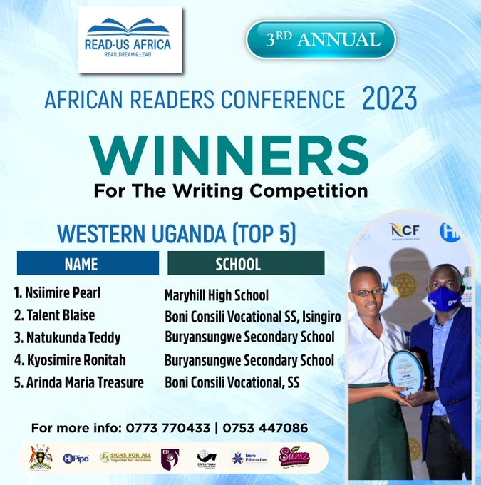 From western Uganda, congratulations girls. Raising the flag for the girl child in the writing industry. 

#ARC23 
Cc: <a href="/ReadUsAfrica1/">Read-Us Africa</a> | <a href="/AgathaAkullu/">A.G.A.T.H.A</a> | <a href="/ankwasa_harlord/">Ankwasa Harlord</a> | <a href="/Joze_Mat/">𝕁𝕠𝕫𝕖𝕄𝕒𝕥𝕄𝕨𝕖𝕟𝕪𝕚𝕟𝕚🇺🇬</a>