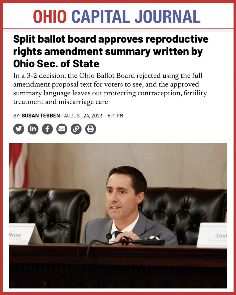 cwebbonline's tweet photo. IMPORTANT OHIO ALERT
๐จ๐จ๐จ
Ohio Republicans are at it again. They lost the battle on Issue 1 in August, but theyโre still at war with womenโs rights for the November ballot!
#YesOnIssue1November
๐ The Republican controlled Ohio Ballot Board rejected using the full text of a proposed reproductive rights constitutional amendment on the ballot in November - instead there will summary language written by Ohio Secretary of State Frank LaRoseโs office.
๐ They also named it Issue 1 again, in order to confuse voters into voting No when they should vote YES in order to protect abortion rights in November.
๐ The full text of the amendment will be available at board of elections, but not in the ballot booths with voters.
๐งต
