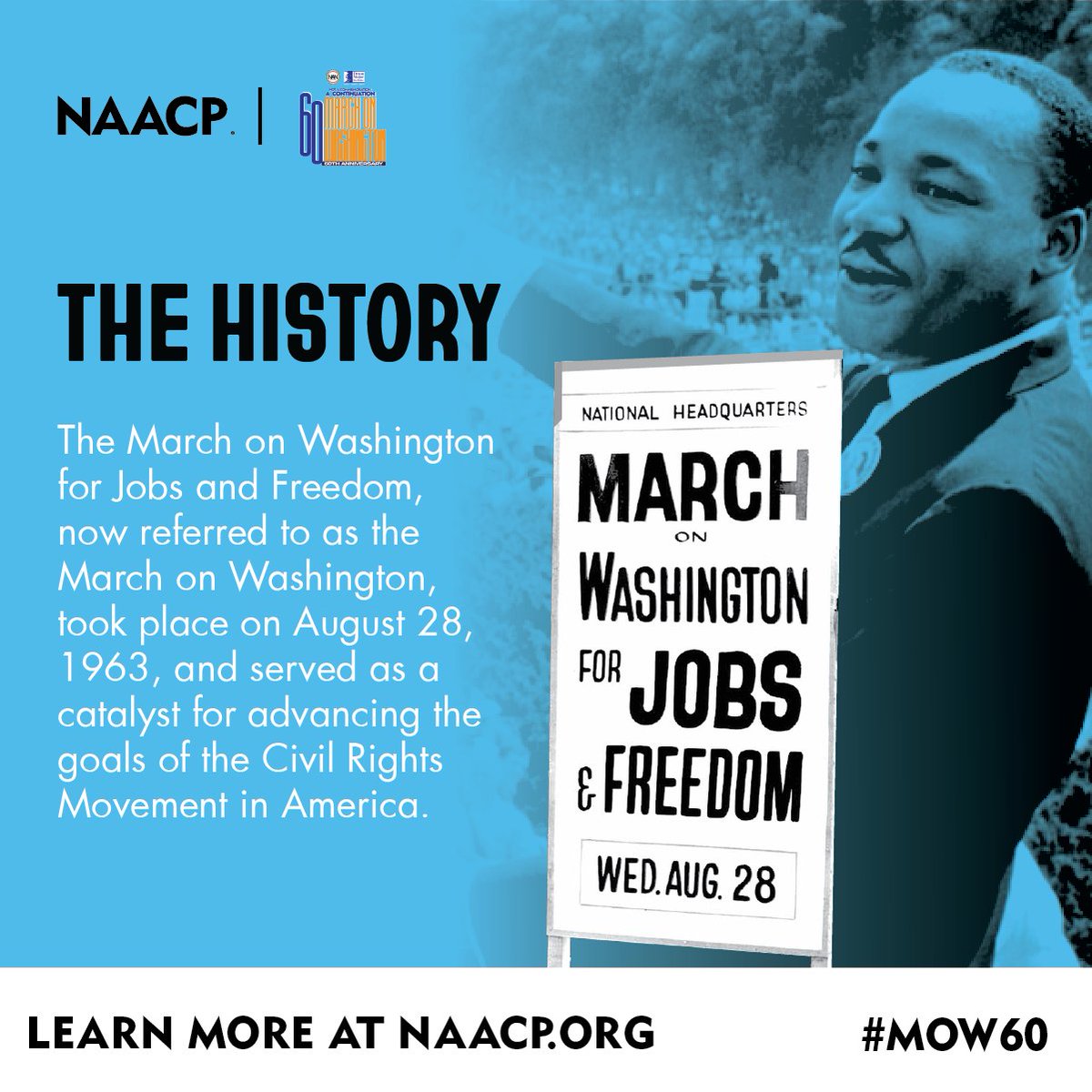 NAACP's tweet photo. It has been 60 years since the first #MarchOnWashington, and the fight for true liberation for Black America continues today. 

#MOW60 https://t.co/7MIPap0MVh