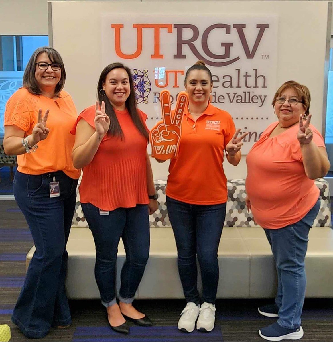 UTRGVStaff's tweet photo. We feel the Vaquero spirit with the staff from the School of Medicine! Featuring Staff Senator, Krystal Chappel. ✌️🧡
#UTRGV #VStaff #FindYourOrange #UTRGVWelcomeWeek https://t.co/9Xm0x6G0wN