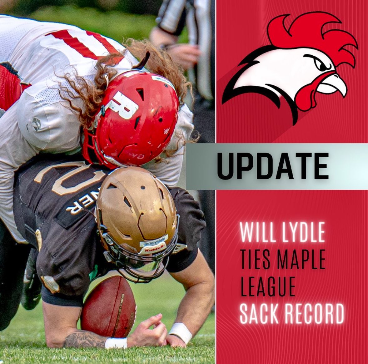 With a huge regular season performance, DT Will Lydle has now tied the league record for sacks ( 11.5 )

Congrats, <a href="/WillLydle/">Bill Lydle</a> 🫱🏼‍🫲🏽🔥

#jenkkifutis #jefu #roostersfamily #vaahteraliiga