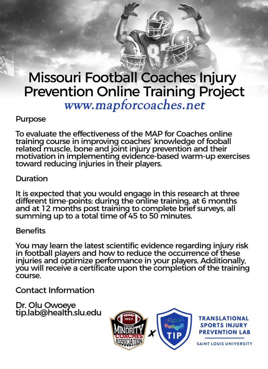 Our goal is to have 100 coaches participate in this training. Start today by being 1 of those 100. Once you complete the Web-Based Musculoskeletal Athletic Injury Prevention Training Course, you will be entered in a drawing for $100. 
 
mapforcoaches.net
