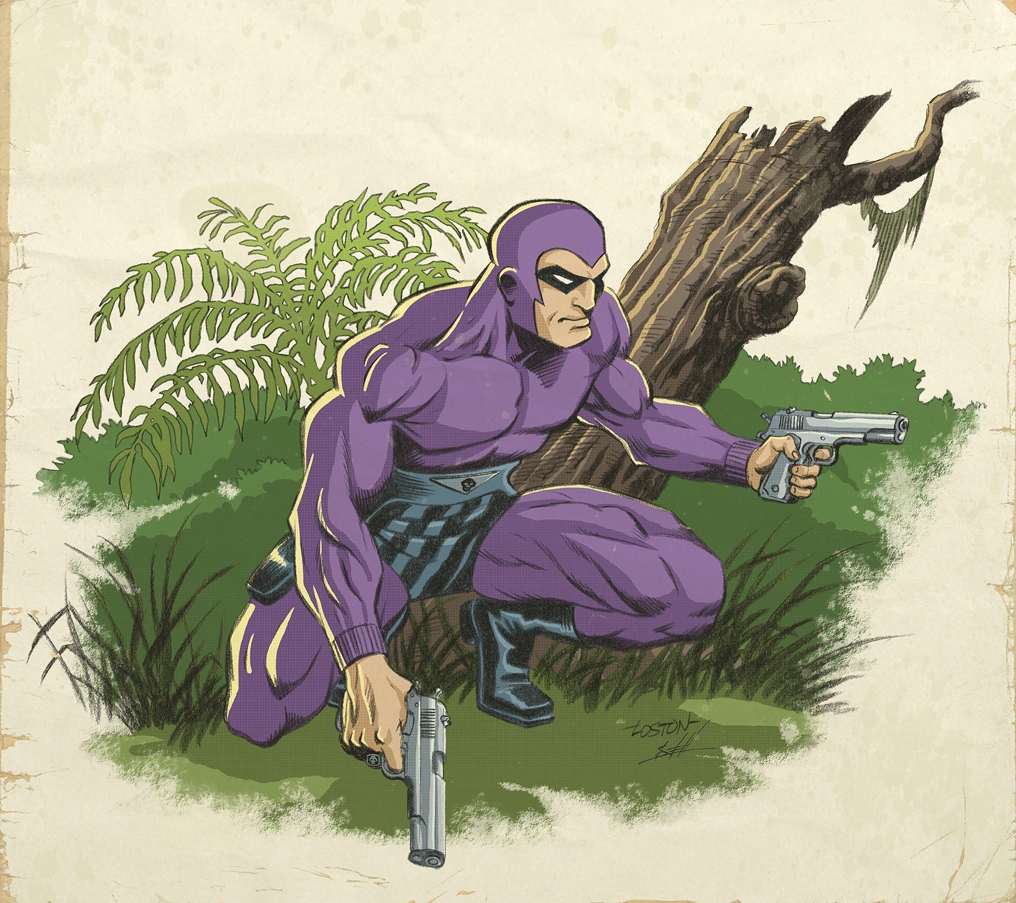 #ThePhantom #TheGhostWhoWalks #DefendersOfTheEarth #KingFeatures #LeeFalk 
My Phantom drawing from 2008 with retro distress color by Nate Lovett.