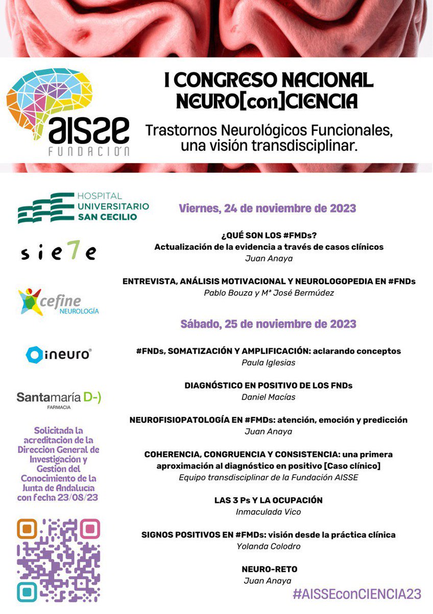 Juanayaojeda's tweet image. I #Congreso Benéfico #AISSEconCIENCIA23 a beneficio de @fundaisse: el 24 y 25 de noviembre en el Salón de Actos del @clinicogranada: con la compañía de @centrocefine y @grupo_ineuro hablamos sobre trastornos funcionales del movimiento [#FMD]. 

aisse.es/icongresoneuro…