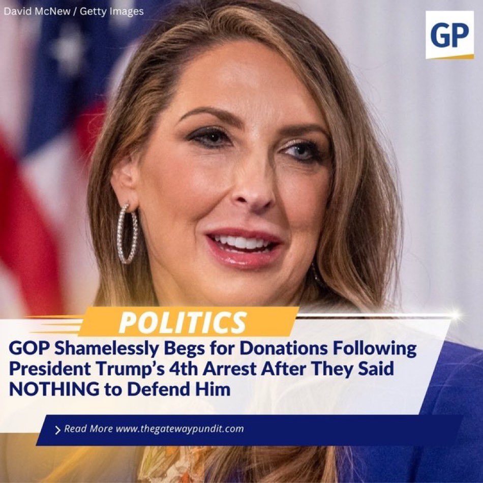 amuse's tweet photo. RINO: Sadly Fani Willis wasn’t able to arrest Mitt Romney’s niece @GOPChairwoman Ronna McDaniel. The reason? She’s never lifted a finger to help Trump. In fact, last night she tried to raise money off of Trump’s arrest without doing anything to defend him. https://t.co/j0G3eNkUJF