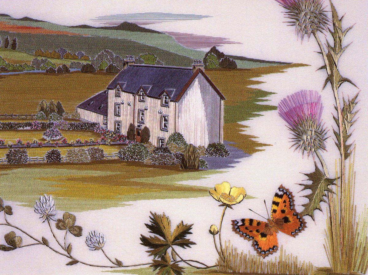 Scottish scene.  This beautiful old farmhous and its surroudings was a commission a few years ago!  Later, when one of my books was published in a Russian edition, this was chosen as the cover!  International cooperation via embroidery! #embroidery #scotland #embroideredlandscape
