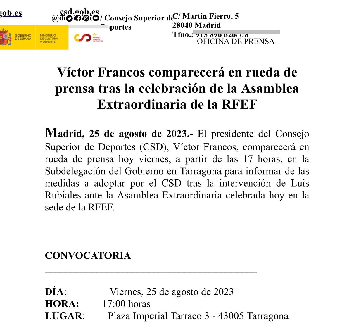 miqueliceta's tweet photo. El presidente del Consejo Superior de Deportes @deportegob comparecerá en rueda de prensa hoy viernes, a las 17h en la Subdelegación del Gobierno en Tarragona para informar de las medidas a adoptar por el CSD tras la intervención de Luis Rubiales ante la Asamblea de la RFEF. https://t.co/oft9nDntBJ
