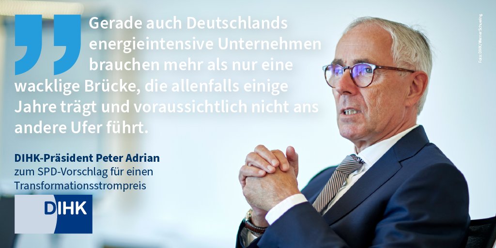 Nach einem Vorschlag der SPD soll der Strompreis für einen "definierten Kreis von Industrien" auf 5 Cent je Kilowatt gedeckelt werden. Nach Auffassung der DIHK ist das keine langfristige Lösung für die Energie- und Transformationsprobleme der DE Betriebe: bit.ly/3Z5Yu2J