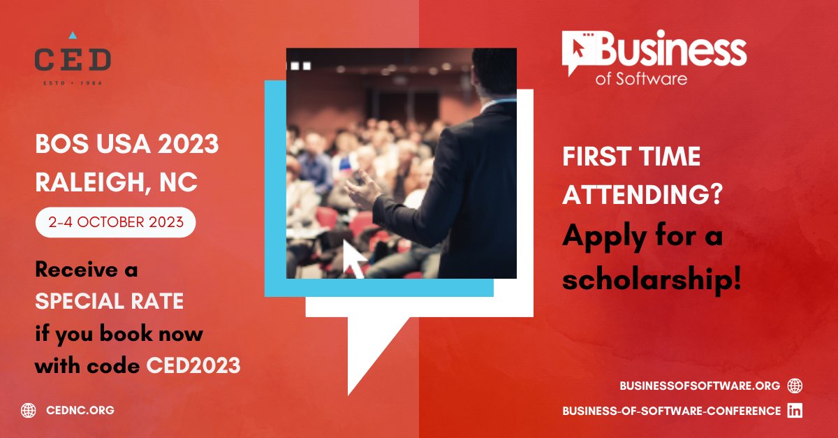 CED is offering 20 scholarships to companies that have never attended BOS before. Apply for the scholarship and seize this once-in-a-lifetime chance to experience the Business of Software Conference firsthand.

Applications close next week! ow.ly/y0K050PEaq4