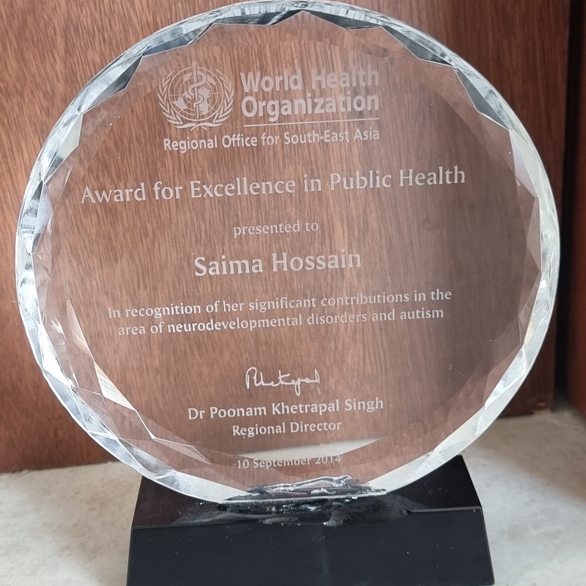 From my 2014 Citation for Excellence in #PublicHealth:

"[<a href="/drSaimaWazed/">Saima Wazed</a>'s] work extends beyond the health sector to build multidisciplinary / multi-stakeholder partnerships, enriched by research and academic excellence." - Dr Poonam Khetrapal Singh, Regional Director, <a href="/WHOSEARO/">World Health Organization South-East Asia</a>.