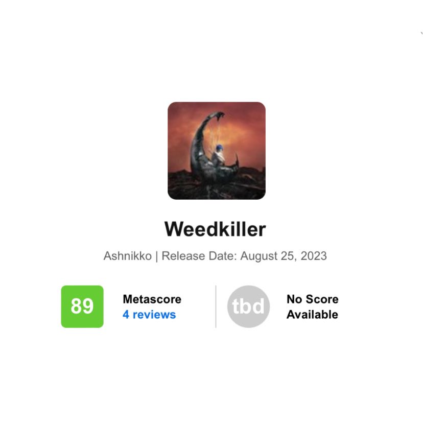 ChartsAshnikko's tweet photo. .@ashnikko's "WEEDKILLER" debuted at an average of 89 on Metacritic.

It is their highest-rated project to date. https://t.co/KsYTDgLF4e