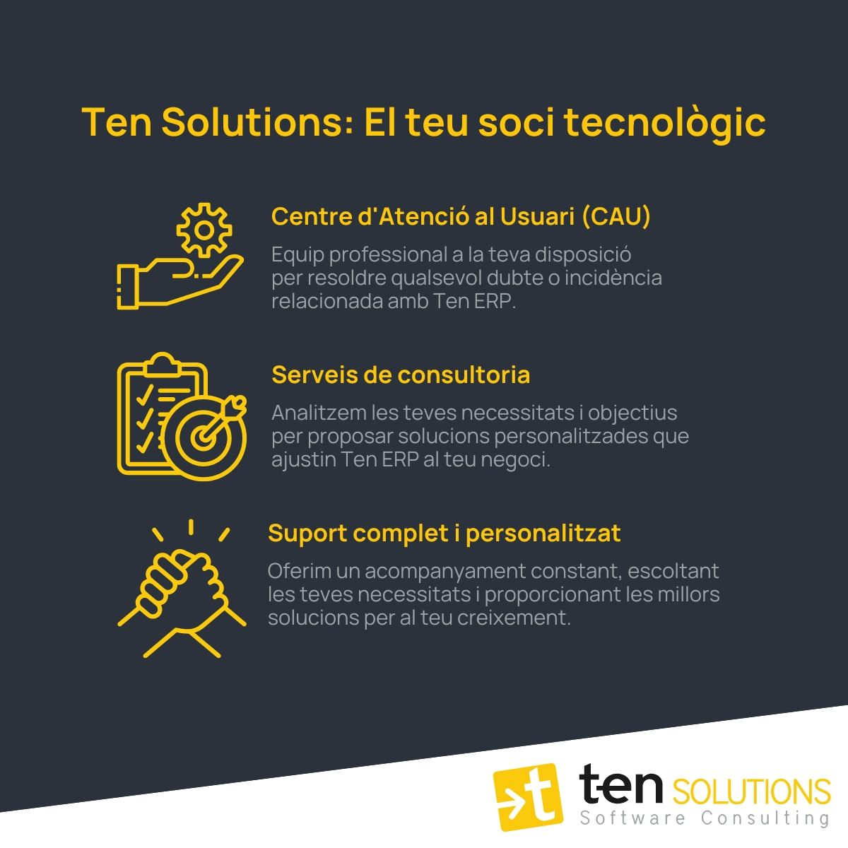 Tensolutions's tweet image. 🚀 Ten Solutions pot impulsar el teu negoci!

El nostre Centre d&apos;Atenció a l&apos;Usuari (CAU) està a la teva disposició per resoldre qualsevol dubte o incidència.

El nostre servei de consultoria avaluarà i proposarà solucions per ajustar Ten ERP a les teves necessitats específiques.