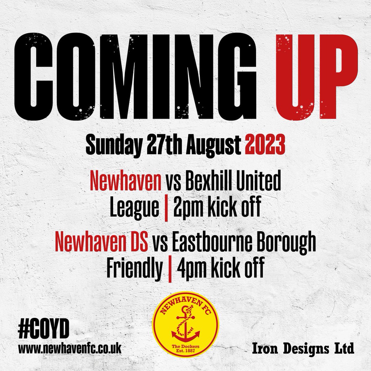 ⚽️🔴🟡 COMING UP!

This Sunday the First Team welcome Bexhill United to the Trafalgar Ground for a 2pm ko. 

Adults entry £3 , kids free. 

The DS host Eastbourne Borough at a slightly later ko time of 4pm.

#COYD