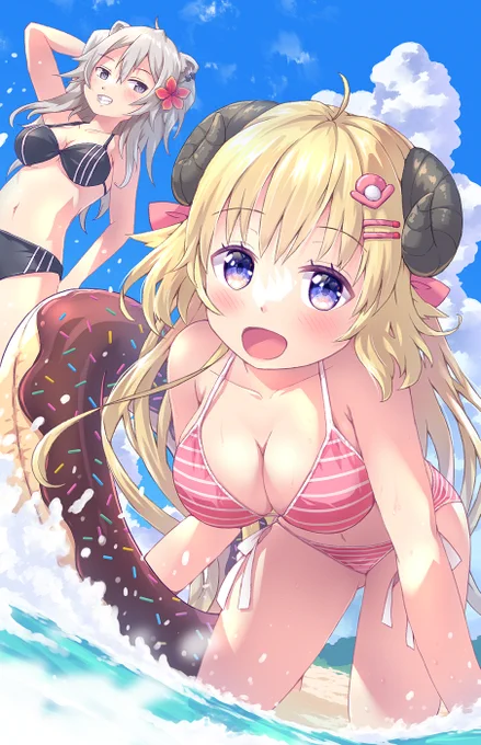 この夏最後のお絵描きは初めて描くししわた二人ともばいんばいんですよ#つのまきあーと #ししらーと #角巻わため 