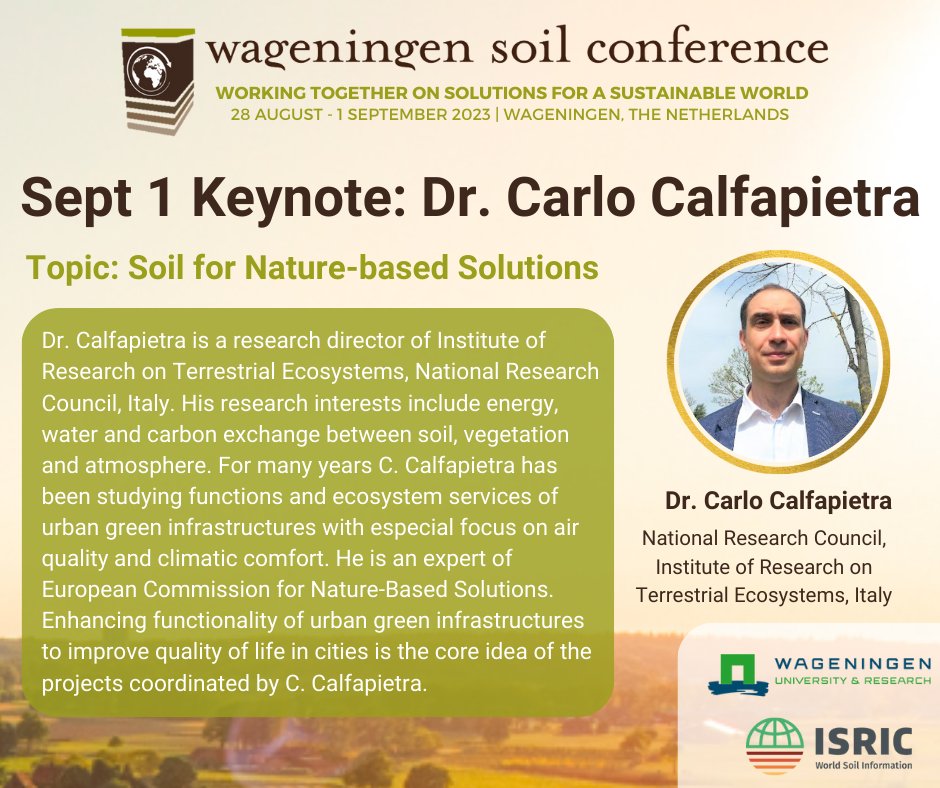 WageningenSoil's tweet photo. Welcome to #WSC23 Day 4--final day!

This morning's keynote speaker is Dr. Carlo Calfapietra (@CalfapietraLab)

Find today's full programme on the YAPP app (https://t.co/l7kZ3dUCCm) or conference website (https://t.co/yitg73N98w) https://t.co/f3iXuuHtkY
