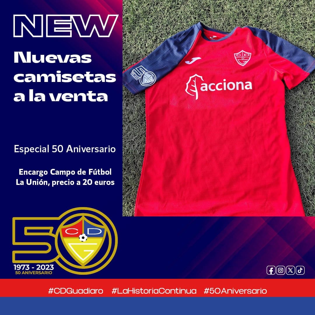 👕 VENTA CAMISETA 

❤️ Aficionados/as, os traemos nuevas cositas...Tenemos ya a disposición nueva camiseta que lanzamos desde hoy con motivo de nuestro #50Aniversario 

🔴 Quien la quiera tener, deberá pasarse por el Campo La Unión y encargarla, previo pago de 20€

#CDGuadiaro