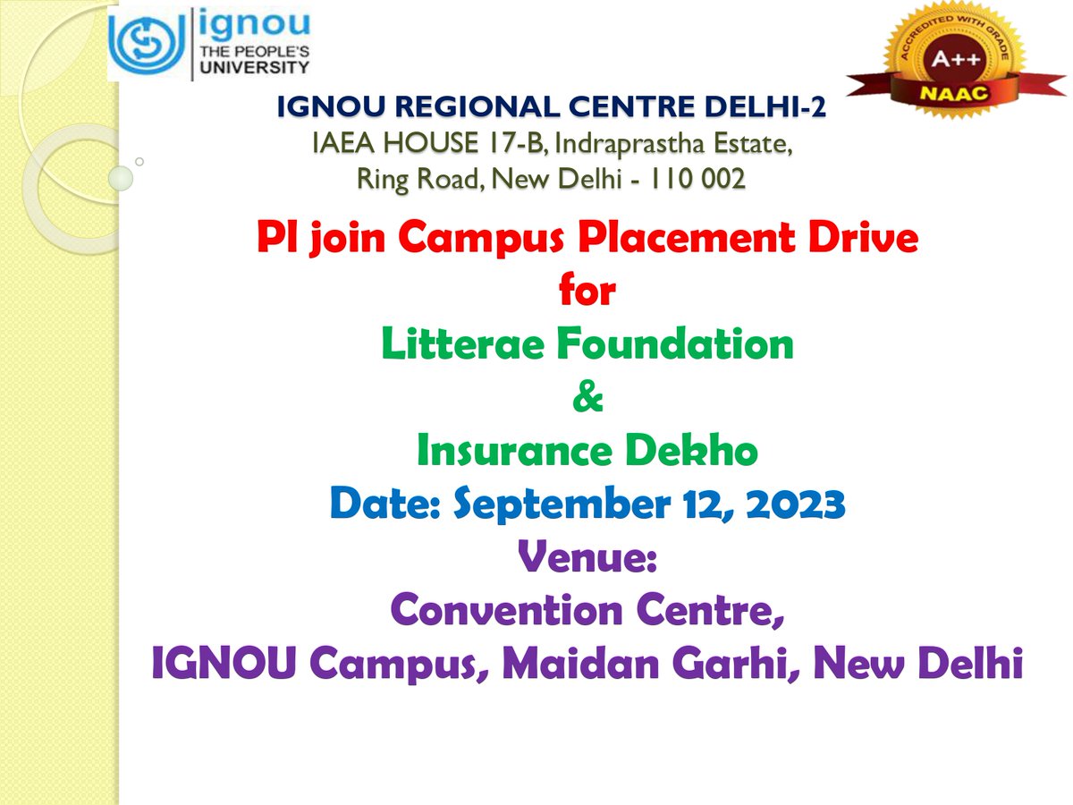 #IGNOU Pl join Campus Placement Drive on 12th September 2023. For details visit ignou.ac.in/ignou/bulletin…  #IGNOURCDelhi2 <a href="/OfficialIGNOU/">IGNOU</a> <a href="/DirectorRs55109/">Regional Services Division, IGNOU</a> <a href="/dramitks/">Amit Srivastava</a>