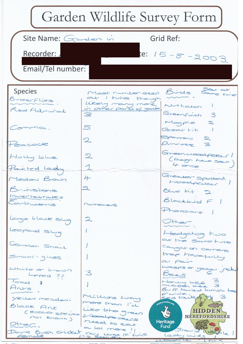 We had a fantastic email the other day from a family who had attended the Festival of Wildlife. They were so inspired they set about recording in their garden and sent us the results @clan_cic <a href="/HeritageFundUK/">The National Lottery Heritage Fund</a>